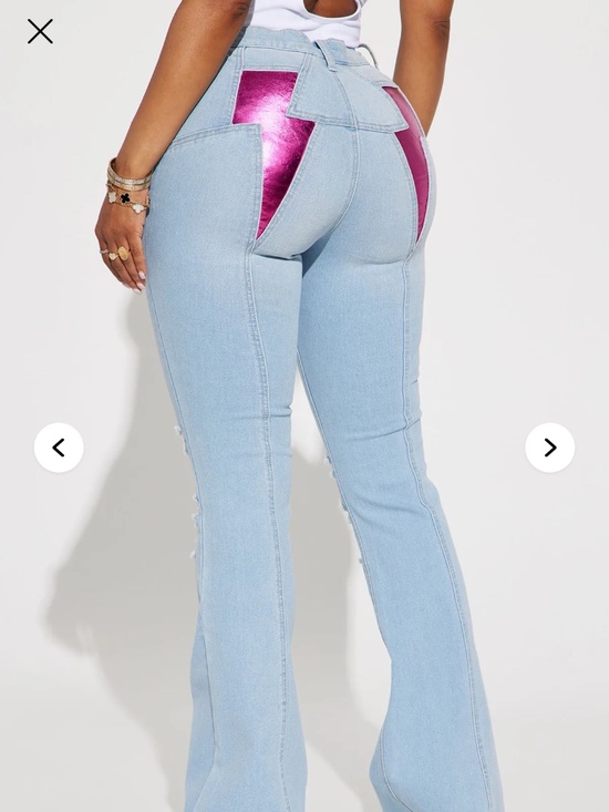 Fashion Nova Denim - Fashion Nova Light Wash Flare Jeans Pink Metallic Detail High Rise